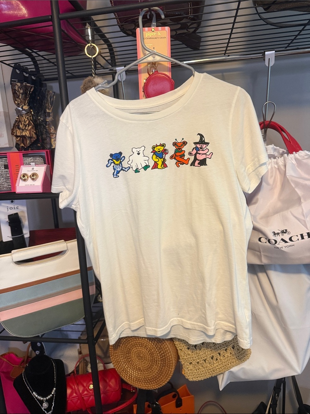 Lucky Brand White Tee with Colorful Cartoon Bear Lineup
